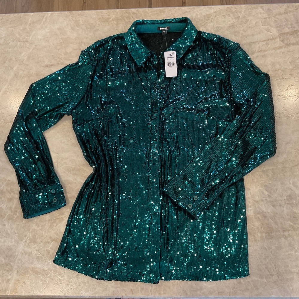 Express, teal sequin shirt, medium